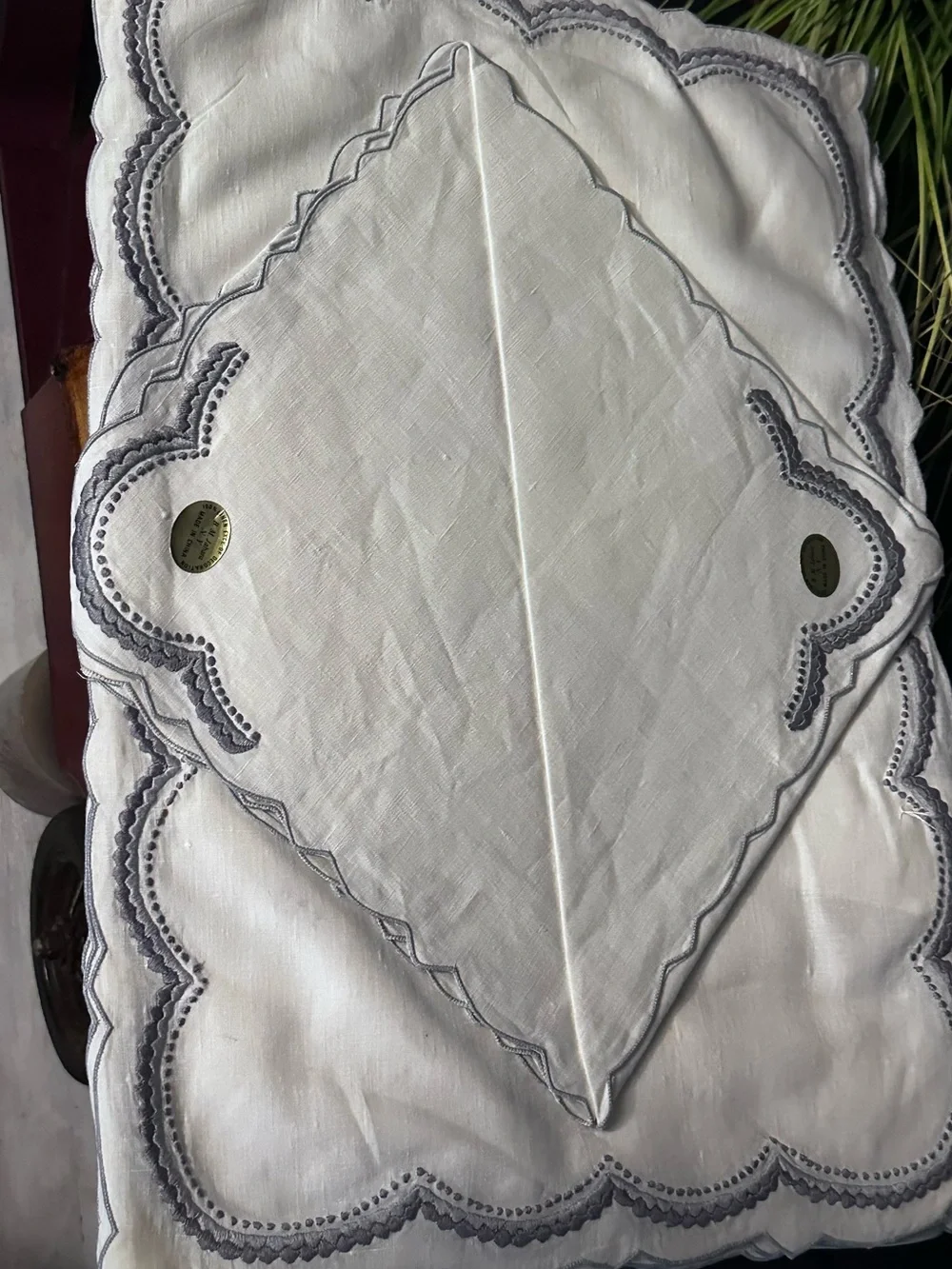 Vintage B.M. Jabara & Sons linen placemat and napkins White with Blue Trim